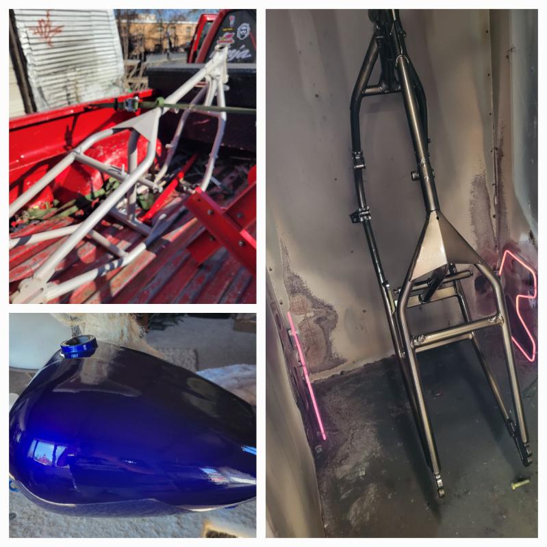 Motorcycle frame powder coated black with a candy blue gas tank — before and after