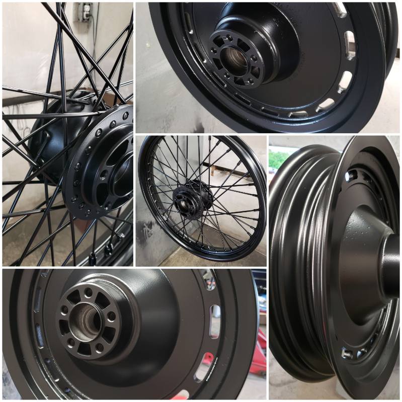 Spoked motorcycle wheels and hubs powder coated satin black — before and after