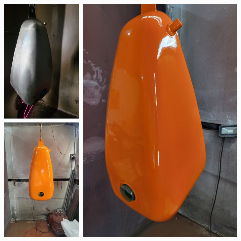 Motorcycle gas tank powder coated in glossy blaze orange — before and after