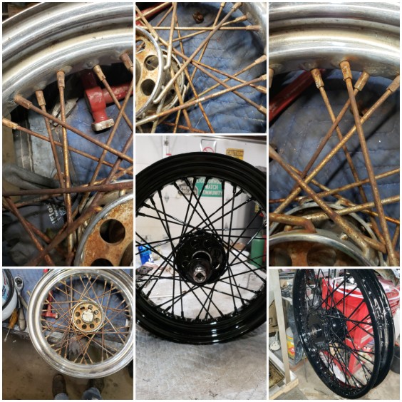 Spoked motorcycle wheel stripped, restored and powder coated black — before and after