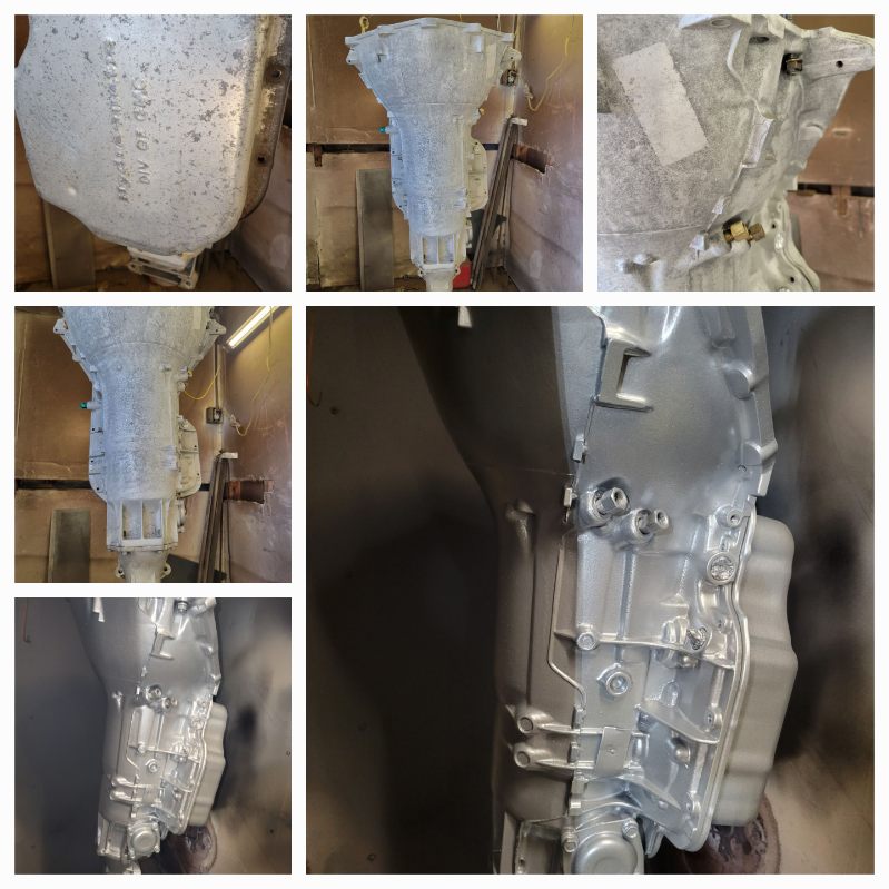 Automotive transmission case media blasted and refinished in silver — before and after